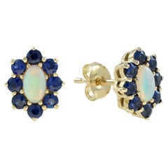 Opal Blue Sapphire Vintage Style Floral Stud 14K Yellow Gold Earrings