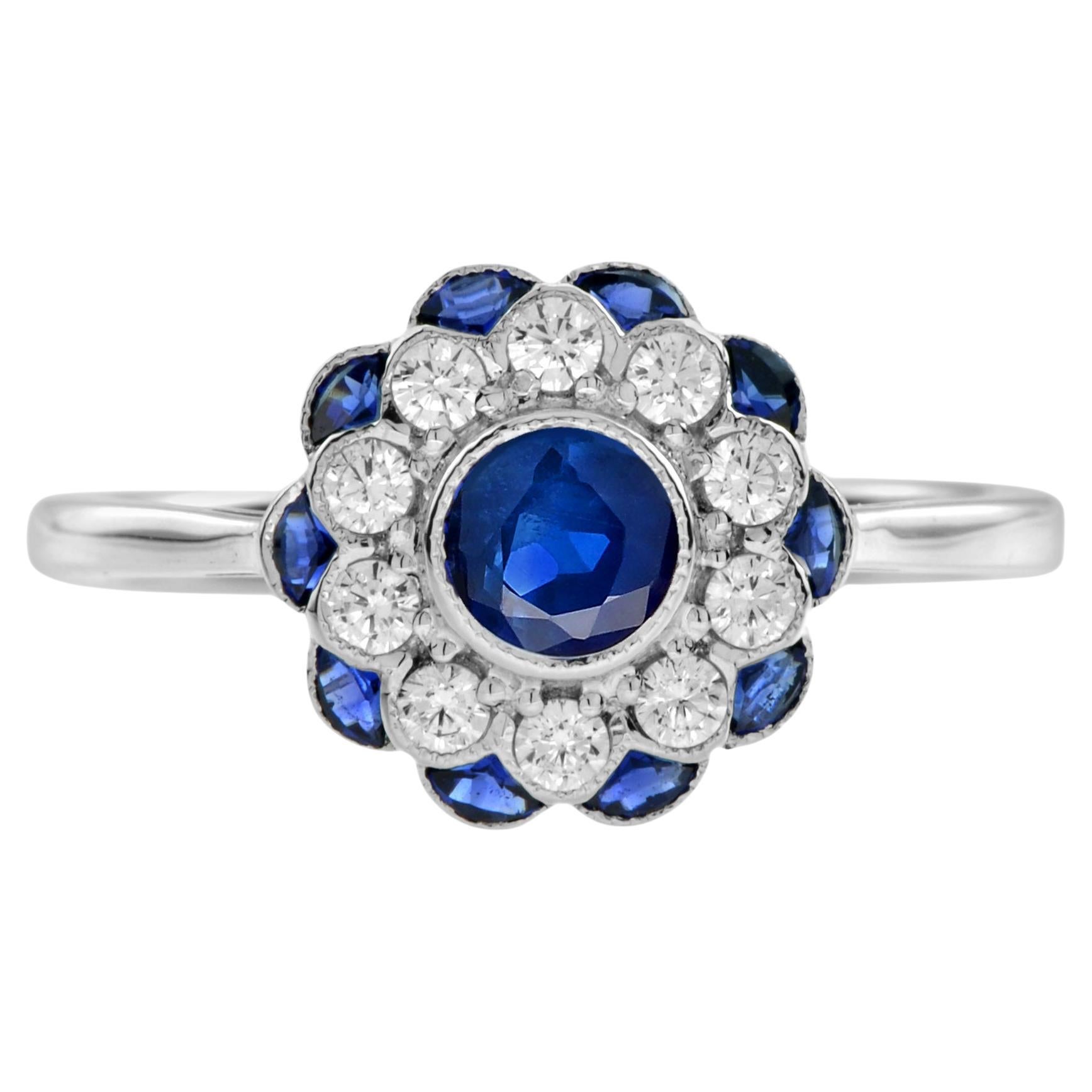 Bague en or blanc 14K avec saphir rond bleu et diamant de style Art déco et floral