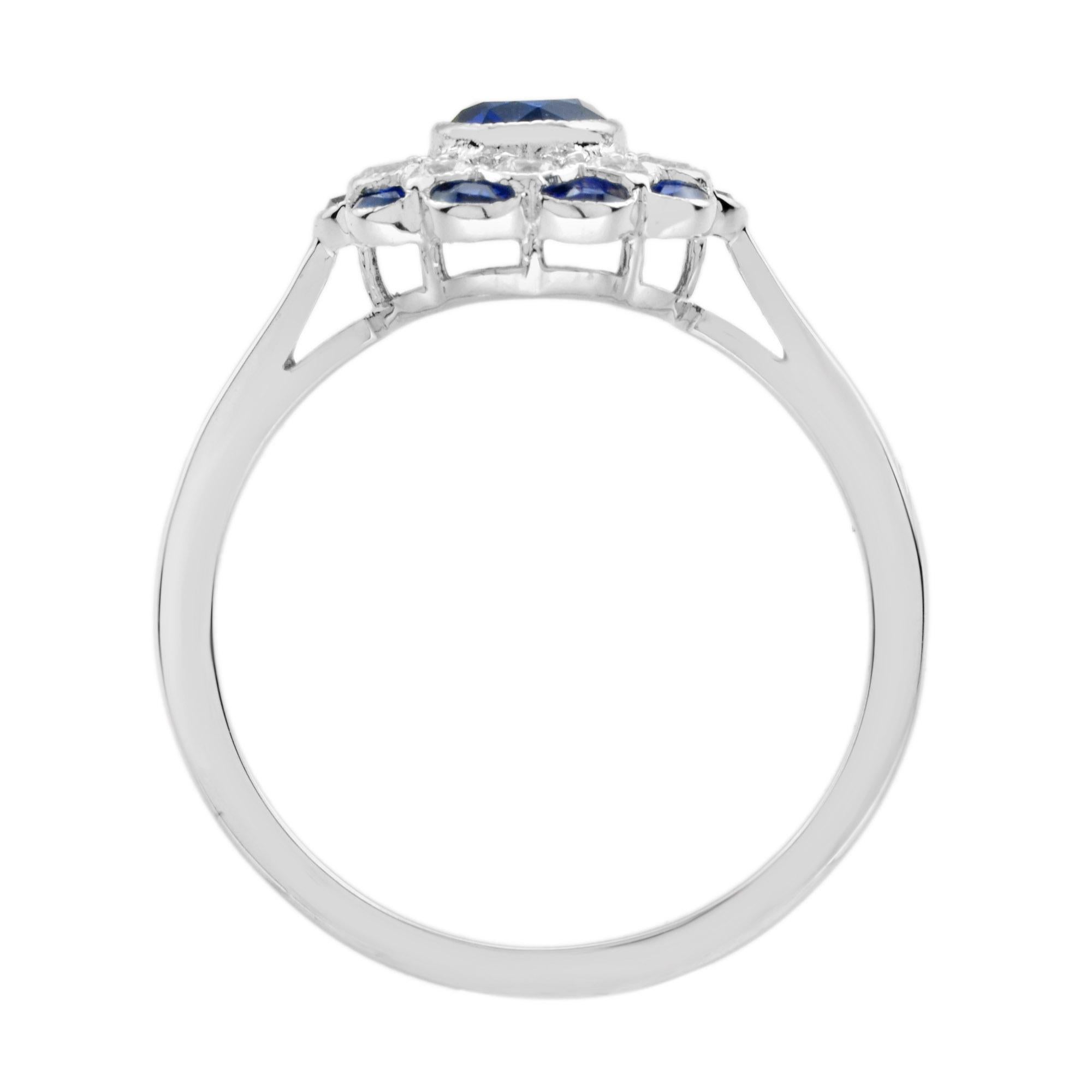 Bague en or blanc 14K avec saphir rond bleu et diamant de style Art déco et floral Neuf - En vente à Oakton, VA