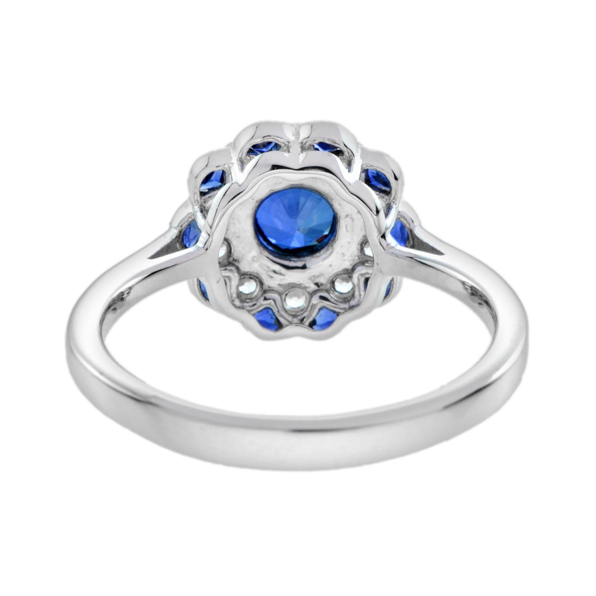 Taille ronde Bague en or blanc 14K avec saphir rond bleu et diamant de style Art déco et floral en vente