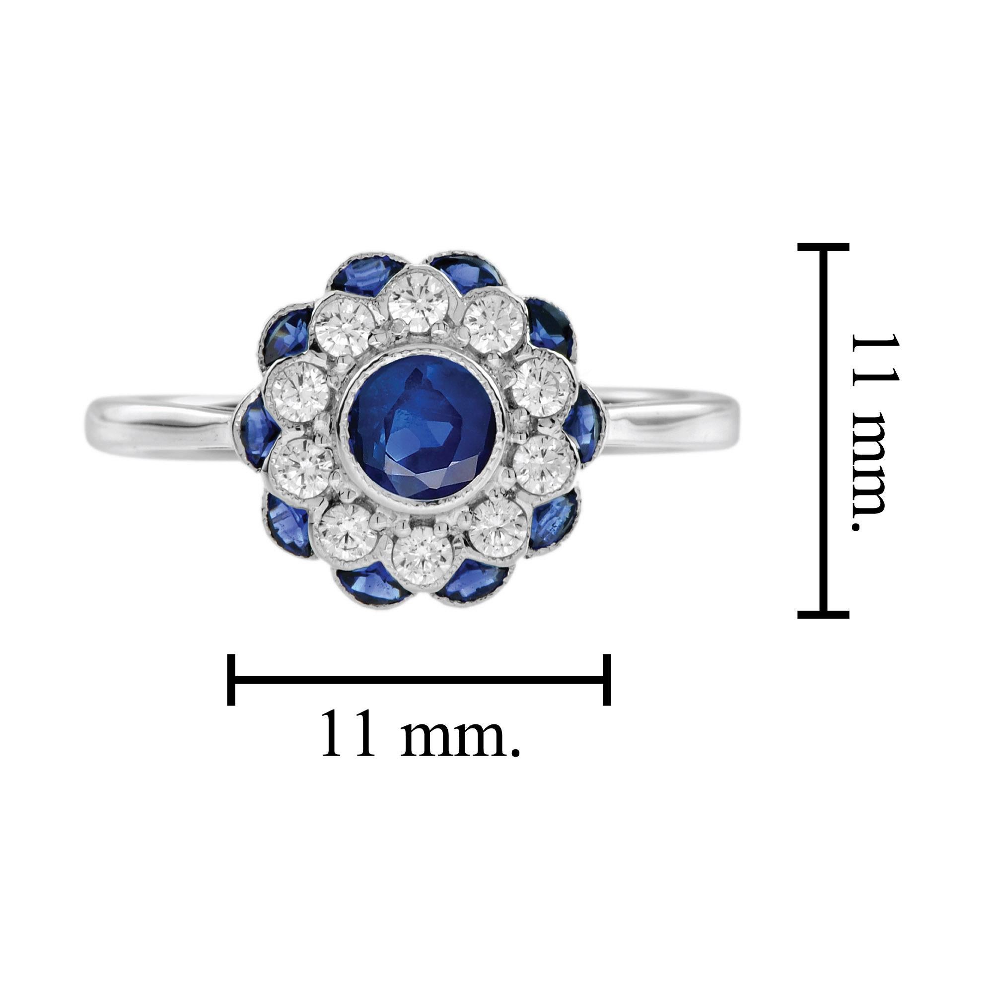 Bague en or blanc 14K avec saphir rond bleu et diamant de style Art déco et floral Pour femmes en vente