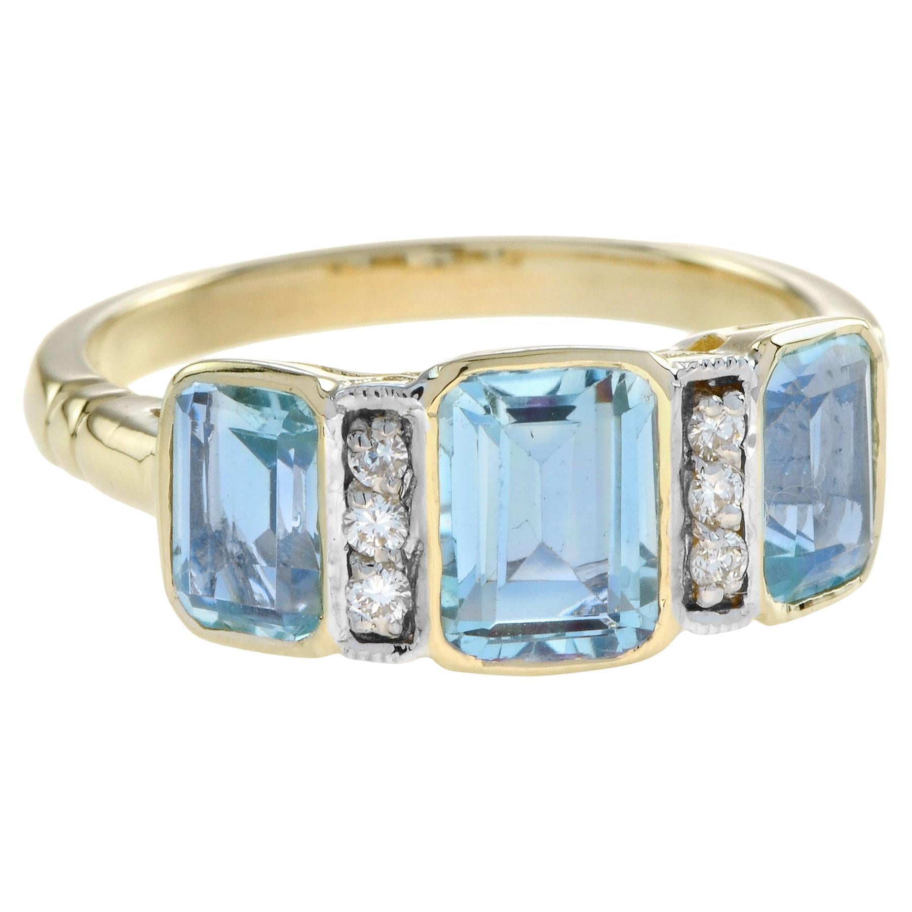 Anello a tre pietre in oro giallo 14 carati con topazio blu e diamanti in stile Art Deco in vendita