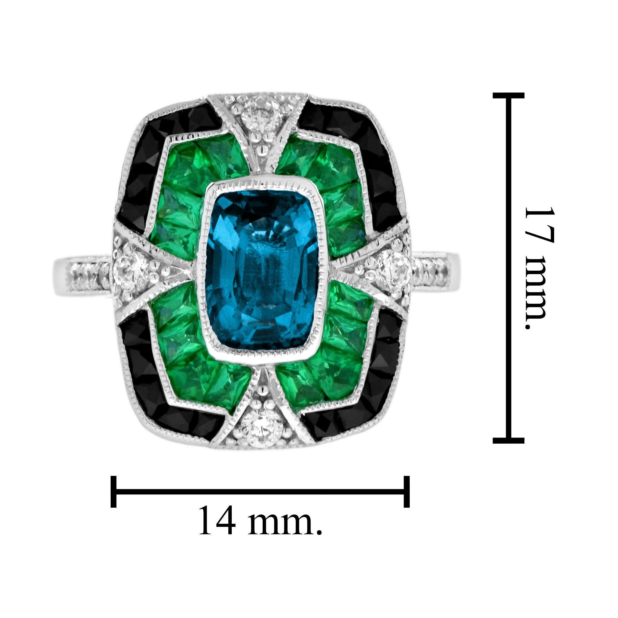 Bague en or blanc de forme coussin avec topaze bleue de Londres et onyx, émeraude et diamant Art déco en vente 1