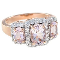 Oval Shape Pink Morganite & Diamond Vintage Style Three Stone Rose Gold Ring