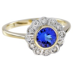 Round Blue Tanzanite & Diamond Vintage Style Halo Set Floral Yellow Gold Ring