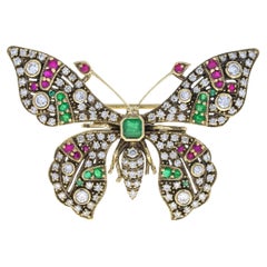 Multi Gemstones Vintage Style Butterfly 14K Yellow Gold Pin Brooch