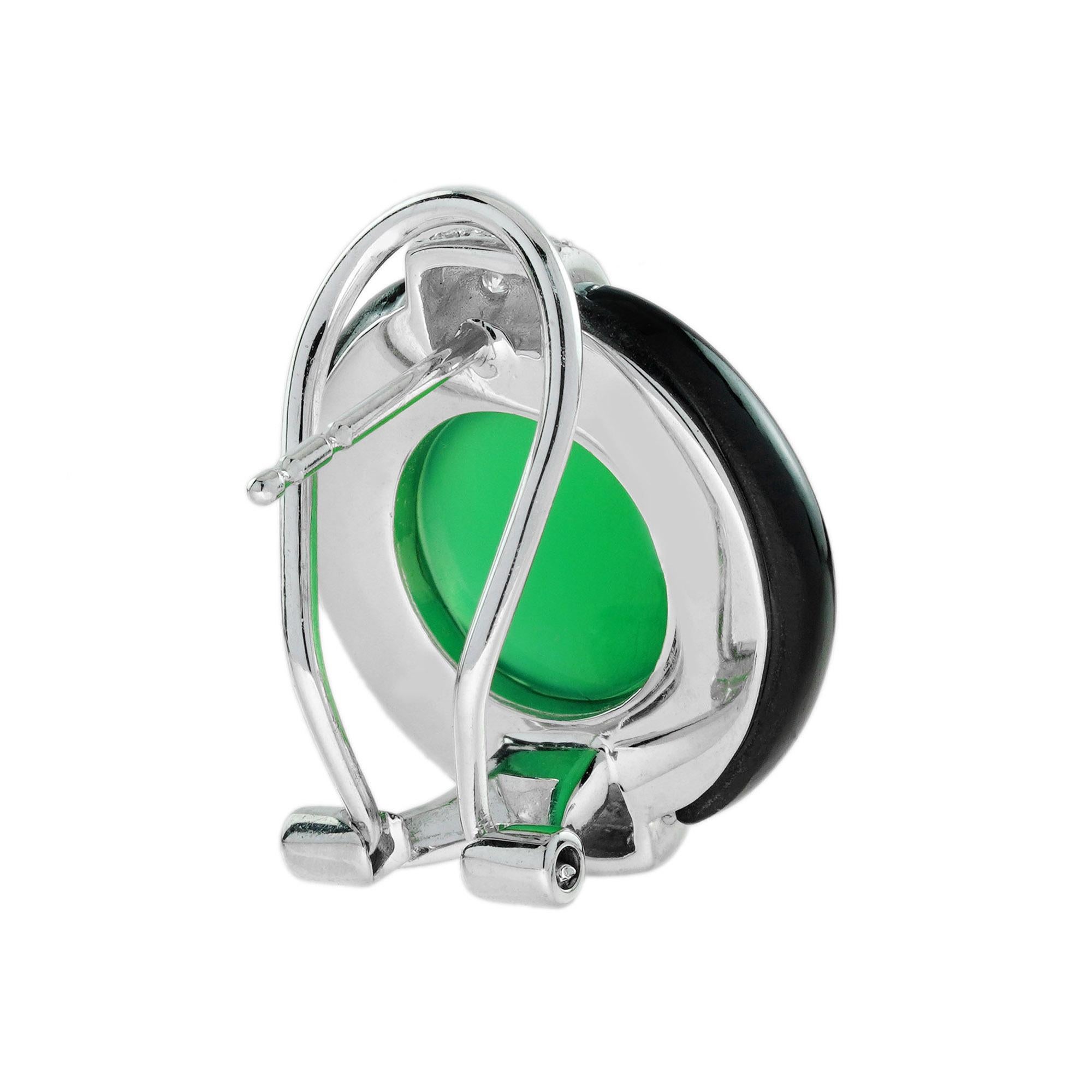 Art déco Boucles d'oreilles en Agate Verte Onyx Diamant Style Art Deco Omega Or Blanc 18K en vente