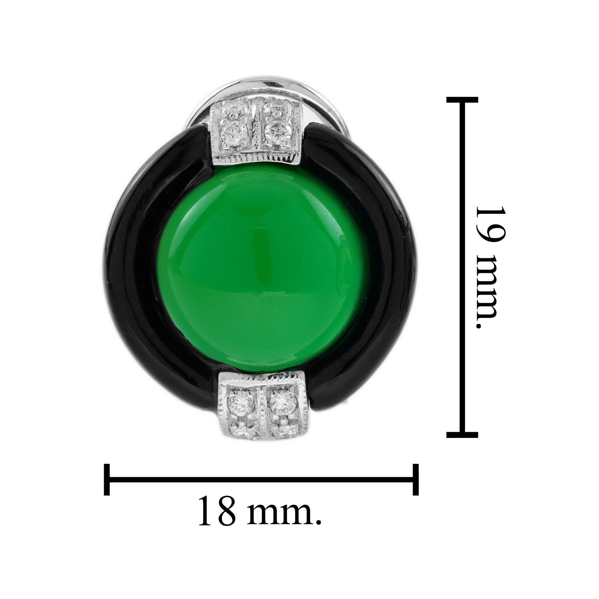 Taille cabochon Boucles d'oreilles en Agate Verte Onyx Diamant Style Art Deco Omega Or Blanc 18K en vente