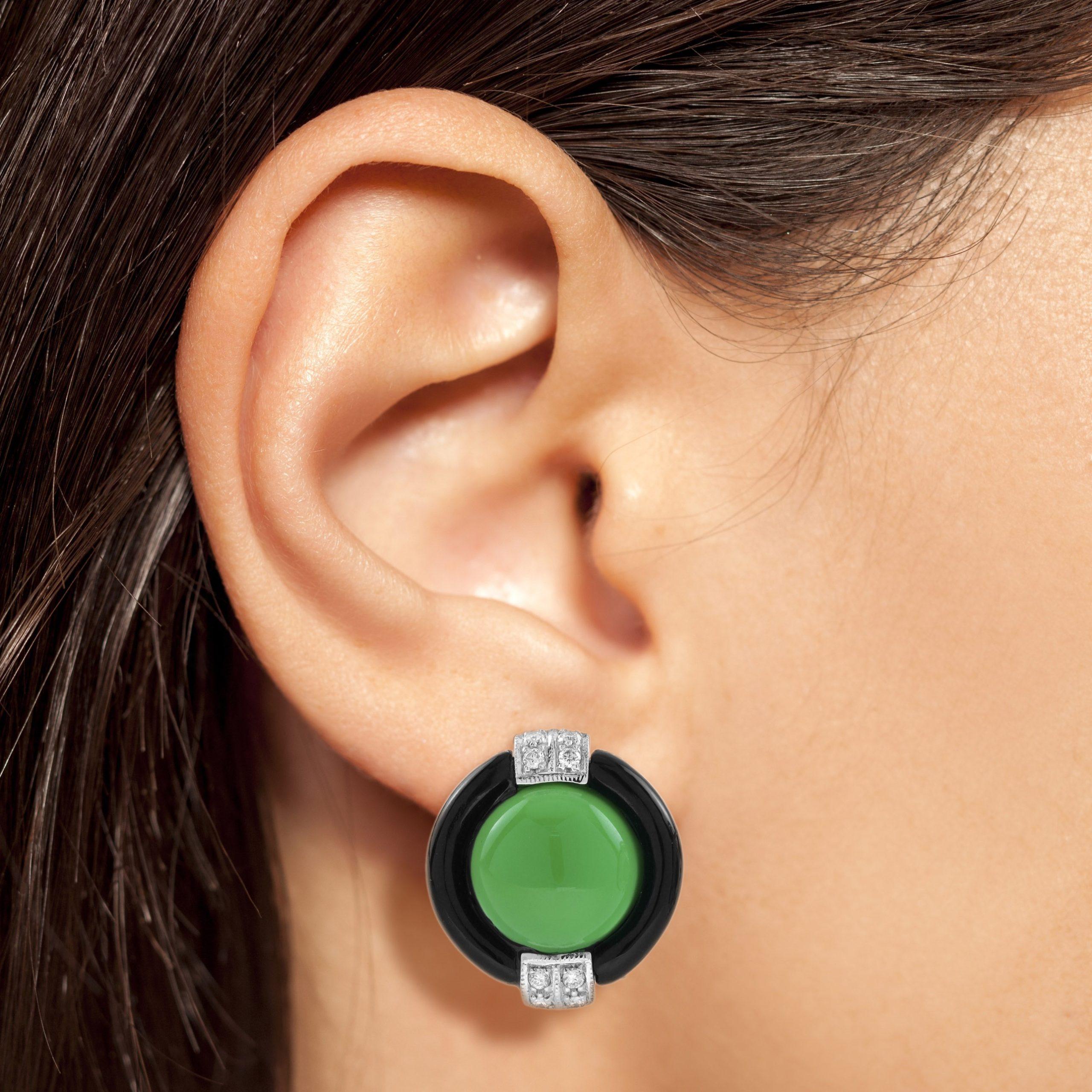 Boucles d'oreilles en Agate Verte Onyx Diamant Style Art Deco Omega Or Blanc 18K Neuf - En vente à Oakton, VA