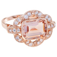 Anello con morganite e diamanti in oro rosa in stile Art Déco