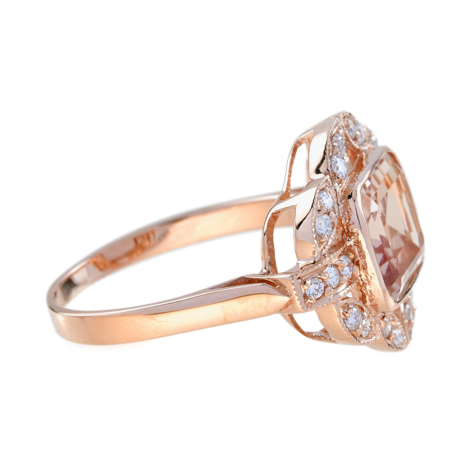 Taglio smeraldo Anello con morganite e diamanti in oro rosa in stile Art Déco in vendita