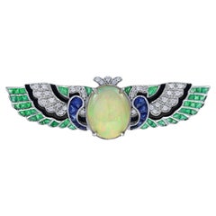 Oval Opal & Multi Gemstone Antique Style Angel Wings 18K White Gold Pin Brooch