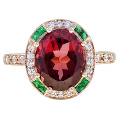 Oval Shape Pink Tourmaline & Emerald Diamond Art Deco Style 14K Rose Gold Ring