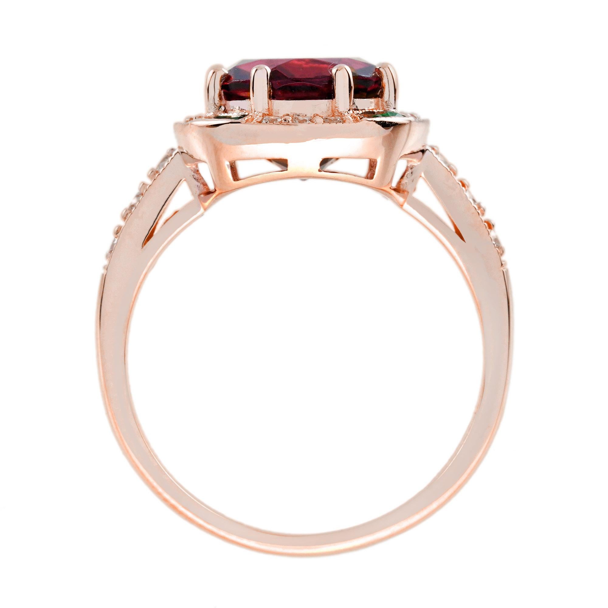 Taglio ovale Anello con tormalina rosa e diamante smeraldo di forma ovale in stile Art Deco in oro rosa 14 carati in vendita