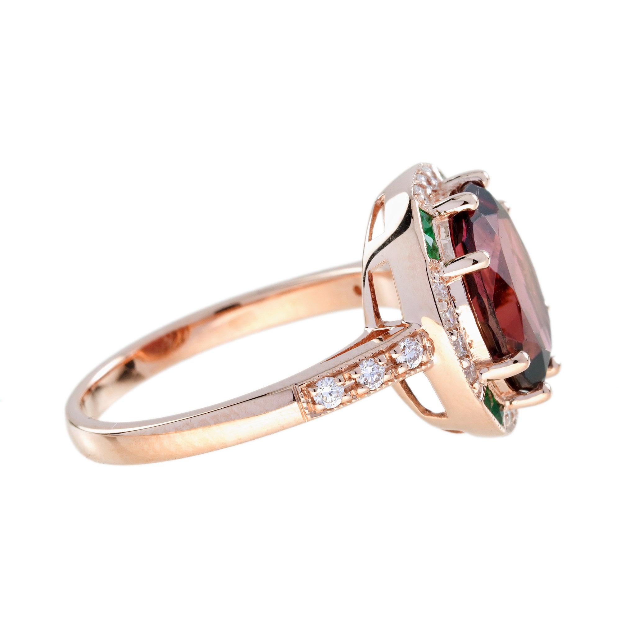 Art Déco Anello con tormalina rosa e diamante smeraldo di forma ovale in stile Art Deco in oro rosa 14 carati in vendita