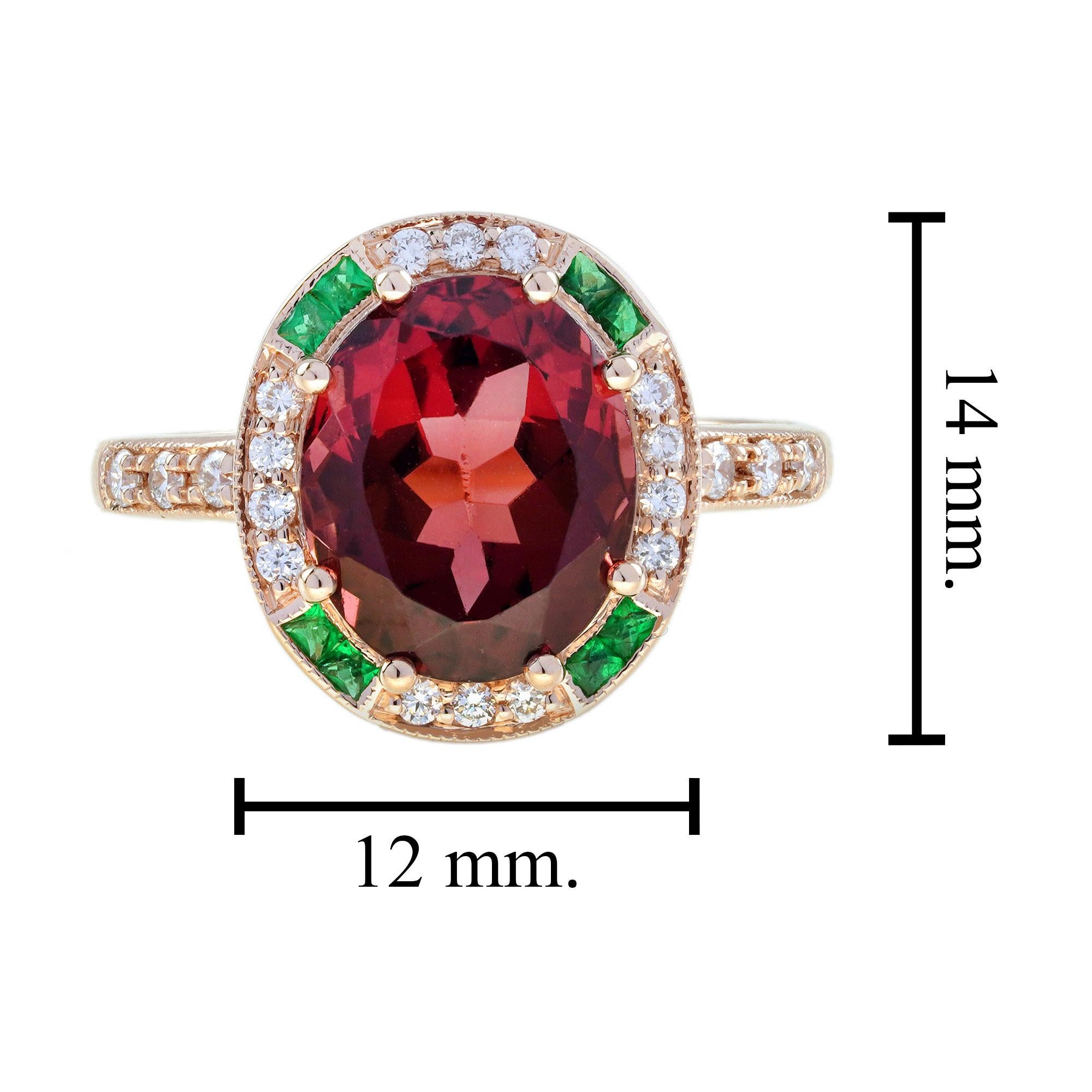 Donna Anello con tormalina rosa e diamante smeraldo di forma ovale in stile Art Deco in oro rosa 14 carati in vendita