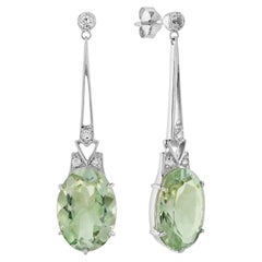 Boucles d'oreilles prasiolite ovale, améthyste verte et topaze blanche, pendantes en or blanc 14K