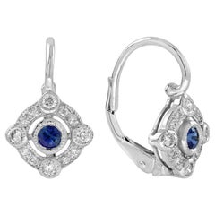Blue Sapphire & Diamond Edwardian Vintage Style Target Drop White Gold Earrings