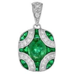 Green Oval Shape Emerald & Diamond Art Deco 14K White Gold Pendant