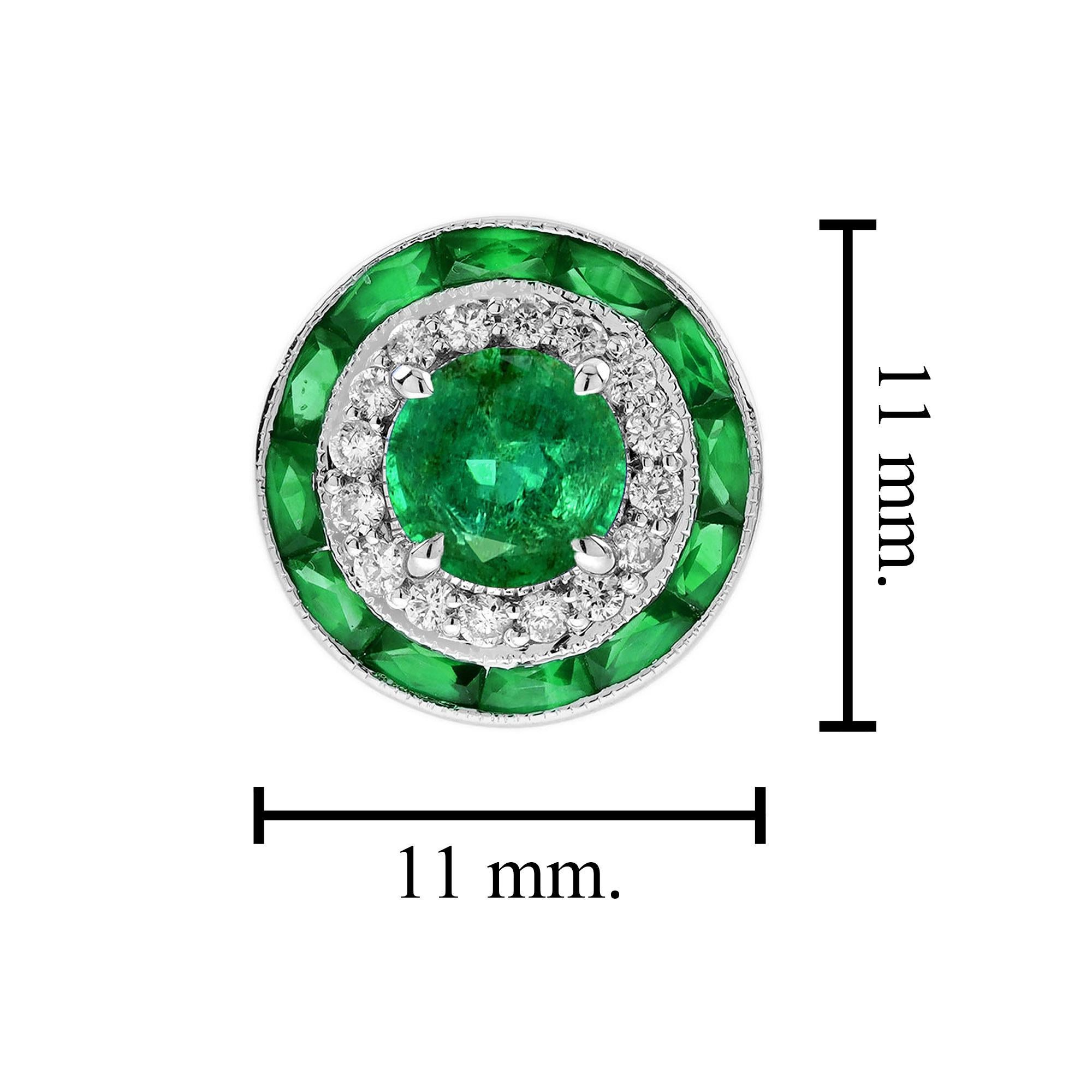 Taille ronde Boucles d'oreilles double halo de style Art Deco avec émeraude verte de forme ronde et diamant en vente