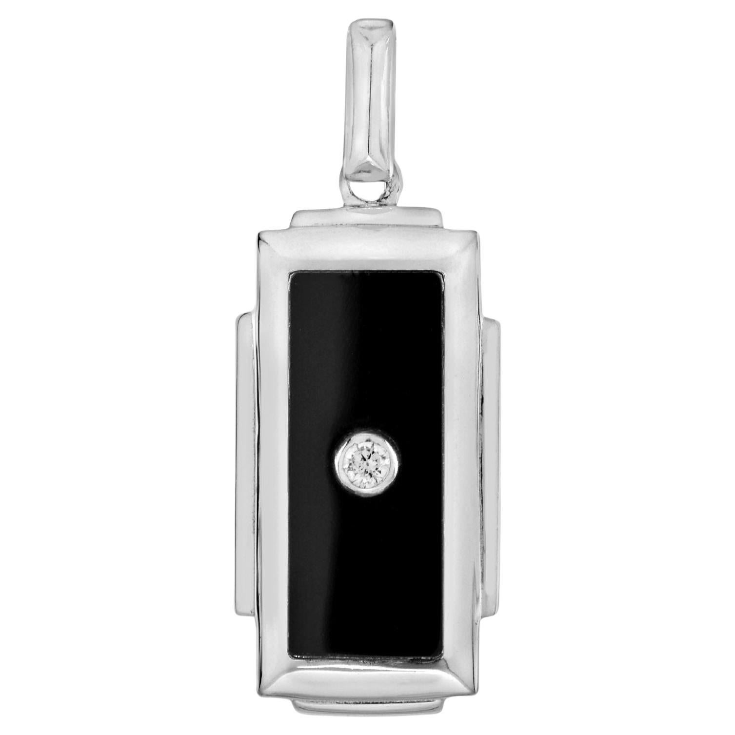 Diamond Onyx Art Deco Style Rectangular Shape White Gold Pendant For Sale