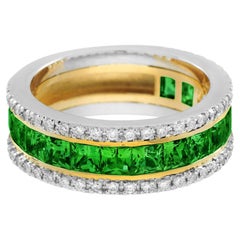 Square Shape Green Tsavorite & Diamond Classic Half Eternity Band Gold Ring