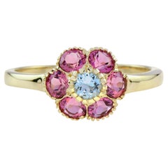 Blauer Aquamarin & rosa Turmalin Vintage Floral Cluster Gelbgold Ring