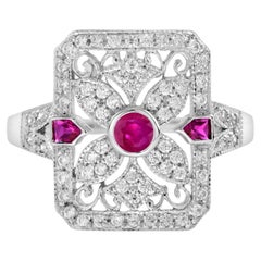 Pink Red Ruby & Diamond Art Deco Style Filigree 14K White Gold Ring