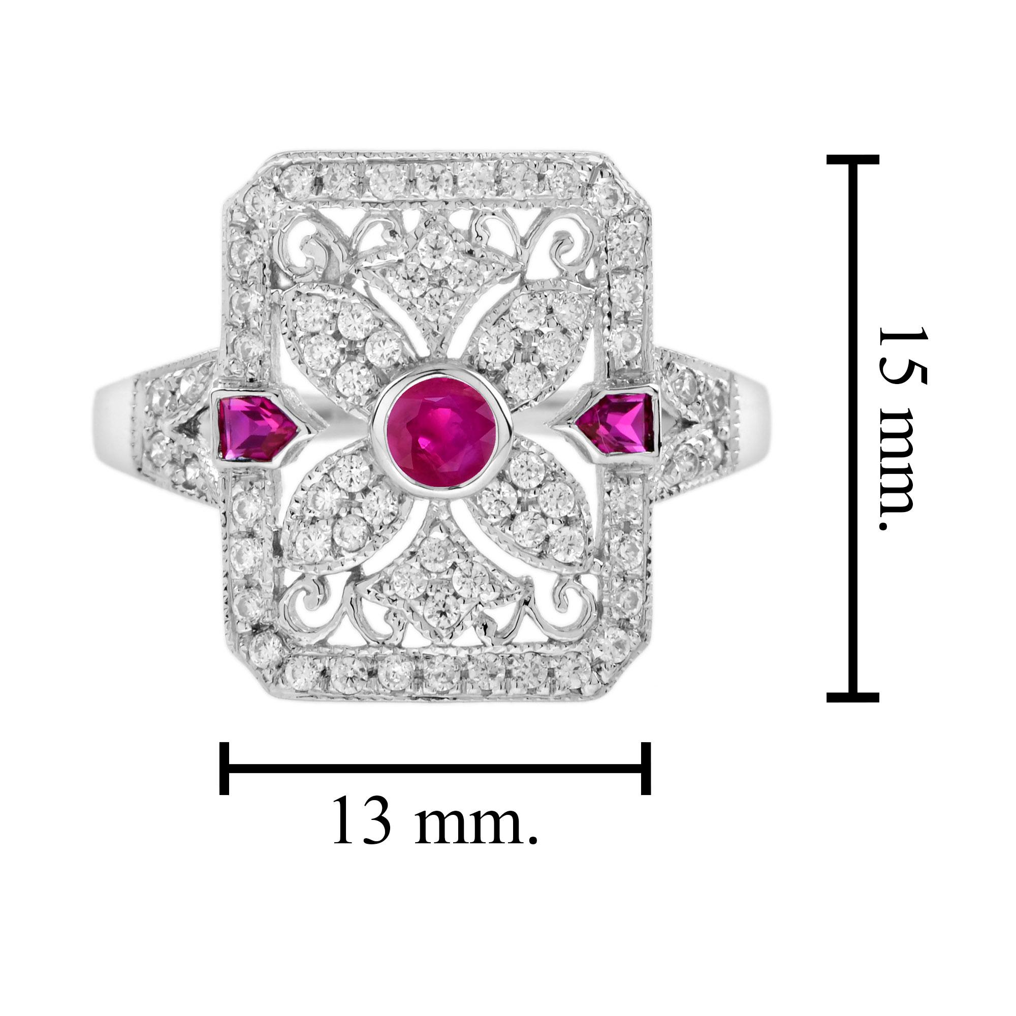 Donna Anello con rubino rosso rosa e diamanti in stile Art Deco con filigrana in oro bianco 14 carati in vendita