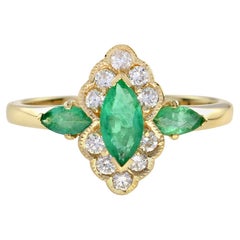 Green Emerald & Diamond Halo Set Art Deco Style Marquise Shape Gold Ring