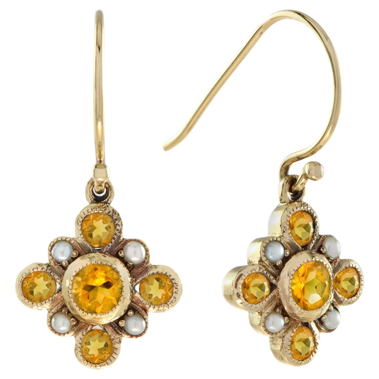 Boucles d'oreilles or jaune citrine orange et perle style vintage avec pendentifs en forme de grappe
