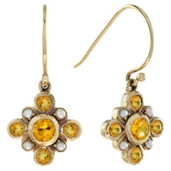 Boucles d'oreilles or jaune citrine orange et perle style vintage avec pendentifs en forme de grappe