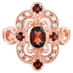Anello in oro rosa 14K con granato rosso e perle in stile cocktail vintage
