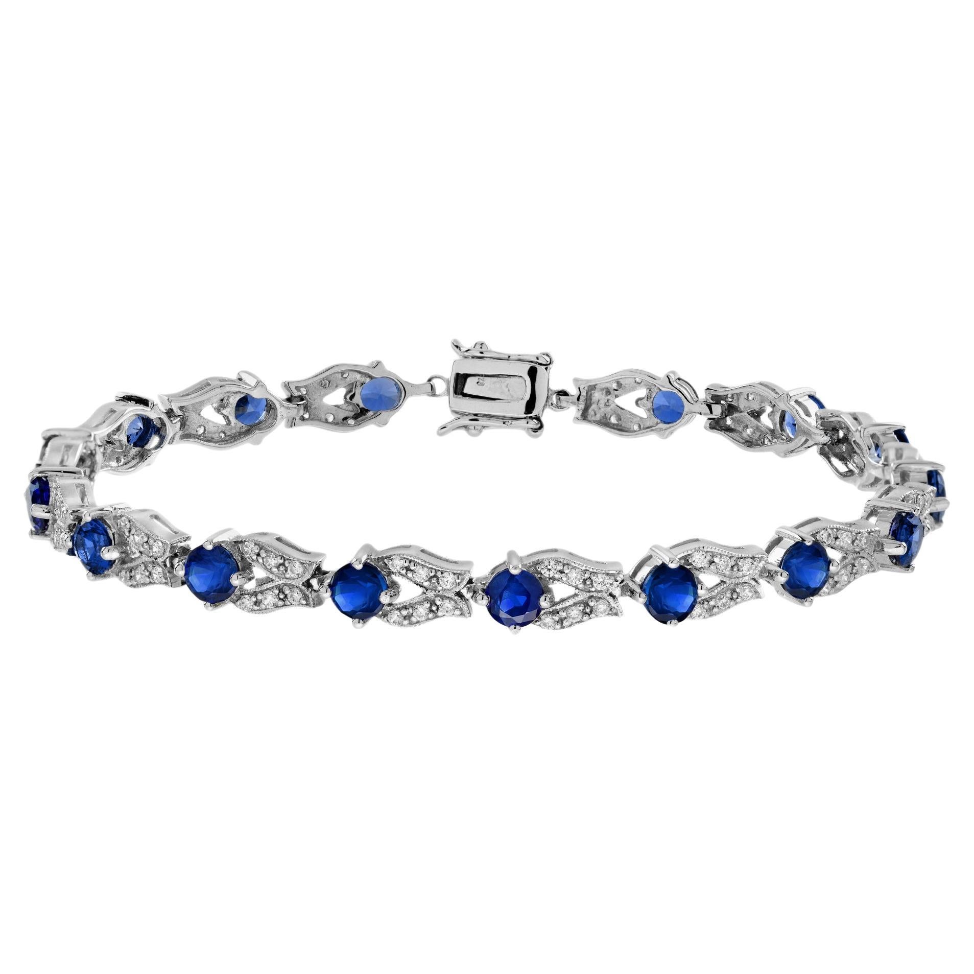 Bracelet d'or blanc à maillons en saphir bleu et diamant d'inspiration Vintage A Link en vente