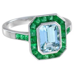 Emerald Cut Blue Aquamarine & Green Emerald Art Deco Style White Platinum Ring