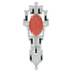 Oval Shape Red Coral & Diamond Onyx Art Deco Style 14K White Gold Pin Brooch
