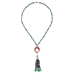 Carved Coral Multi Gemstone Art Deco Style Tassel White Gold Necklace