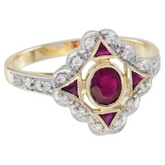 Red Pink Ruby & Diamond Art Deco Style 14K Yellow Gold Ring