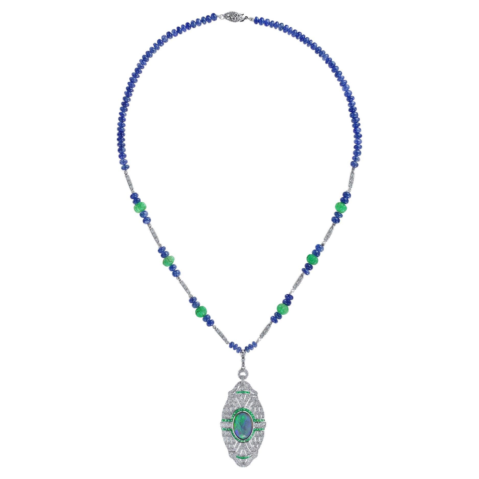 Schwarzer Opal & Smaragd Saphir und Diamant Art Deco Stil Weißgold Halskette im Angebot