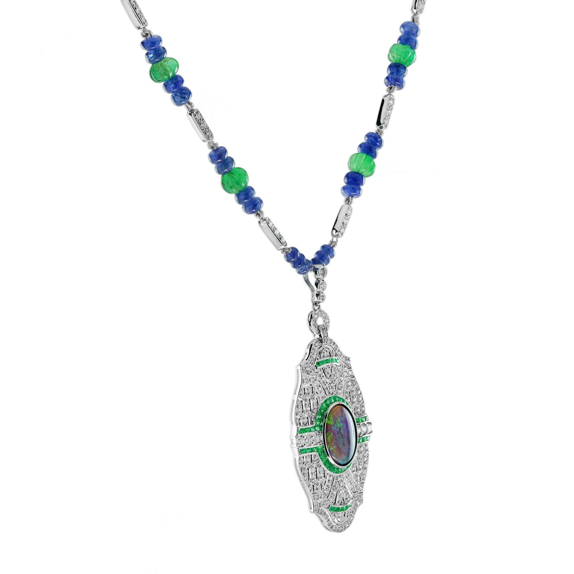 Schwarzer Opal & Smaragd Saphir und Diamant Art Deco Stil Weißgold Halskette (Art déco) im Angebot