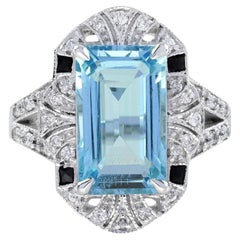 Rectangle Aquamarine Onyx Diamond Vintage Inspire Art Deco Style White Gold Ring