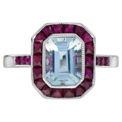 Octagon Shape Blue Aquamarine & Ruby Halo Set Art Deco Style 14K White Gold Ring