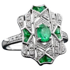 Esmeralda y Diamante Anillo de Oro Blanco con Filigrana Estilo Art Decó Inspirado en la Época Vintage