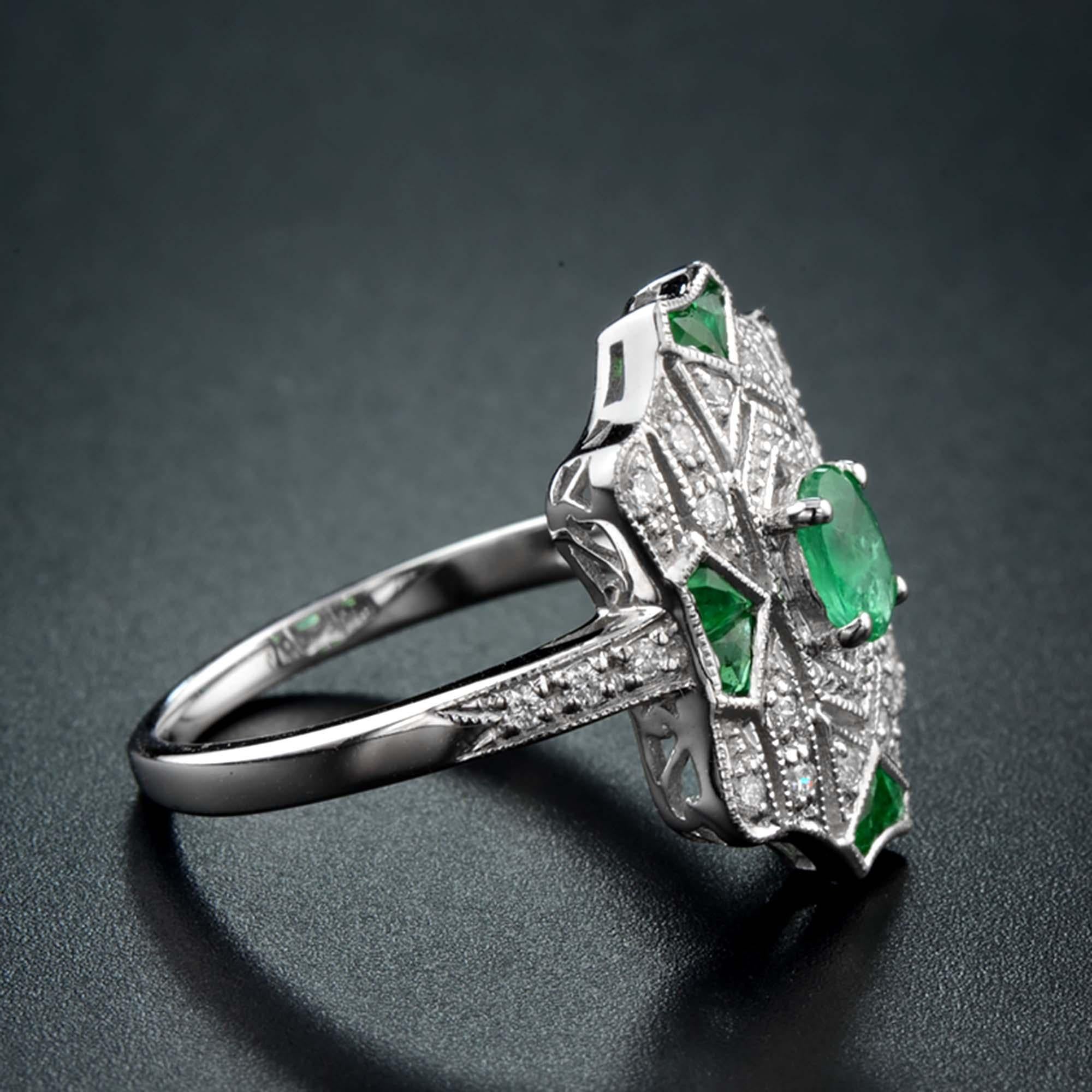 Esmeralda y Diamante Anillo de Oro Blanco con Filigrana Estilo Art Decó Inspirado en la Época Vintage en Nuevo estado para la venta en Oakton, VA