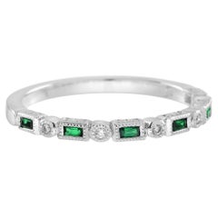 Esmeralda Baguette y Diamante Anillo Blanco Fino Estilo Art Decó