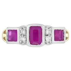 Ruby & Diamond Art Deco Style Three Stone White Yellow Gold Ring