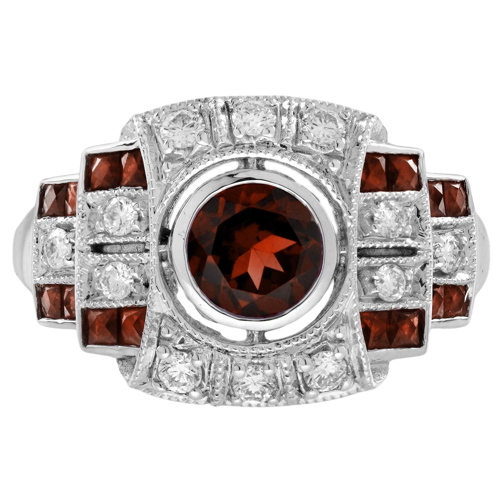 Anillo de oro blanco redondo rojo granate y diamante inspirado en la época Art Decó