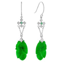 Carved Green Jade & Emerald and Diamond Vintage Style Drop Gold Earrings