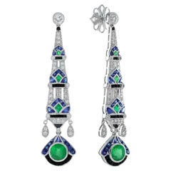 Green Emerald & Blue Sapphire and Diamond Vintage Art Deco Style Drop Earrings