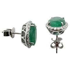 Oval Cut Green Emerald & Diamond Halo Stud 18K White Gold Earrings